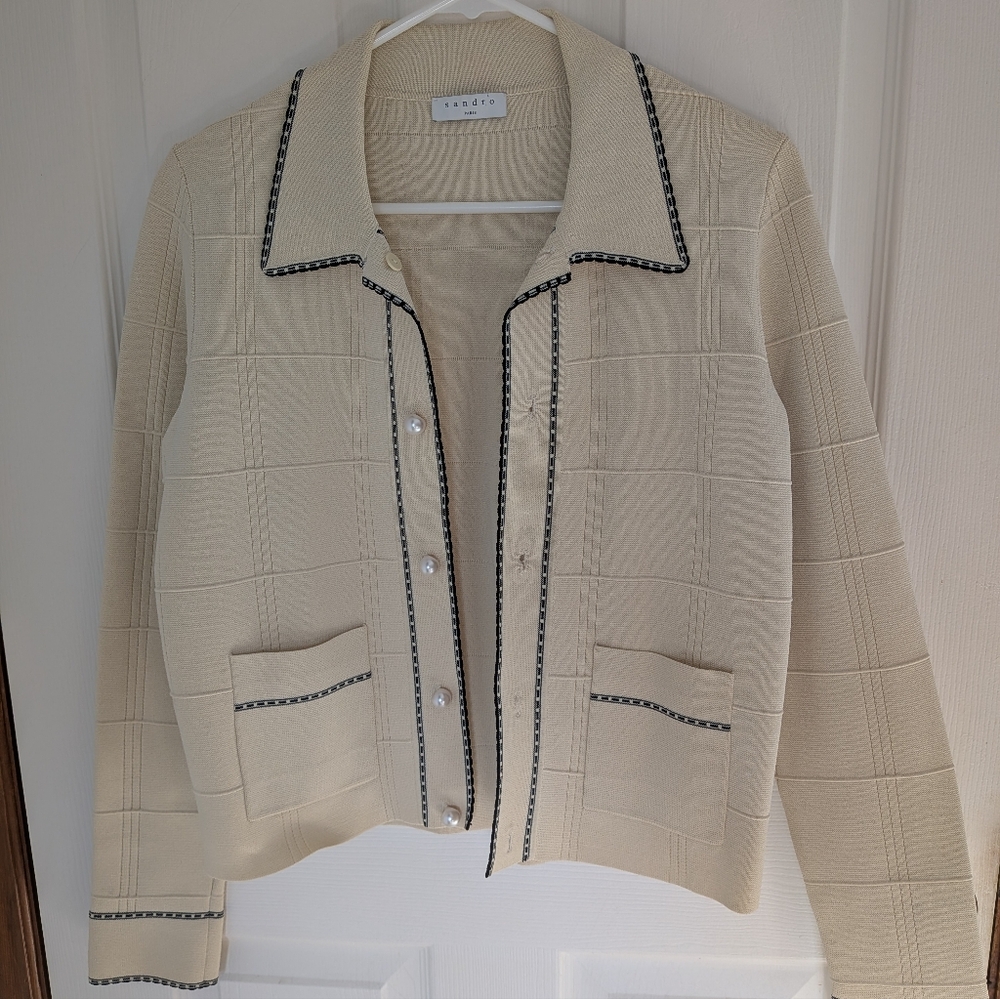 Sandro Lore Cropped Cream Blazer with Pearl Black Accents